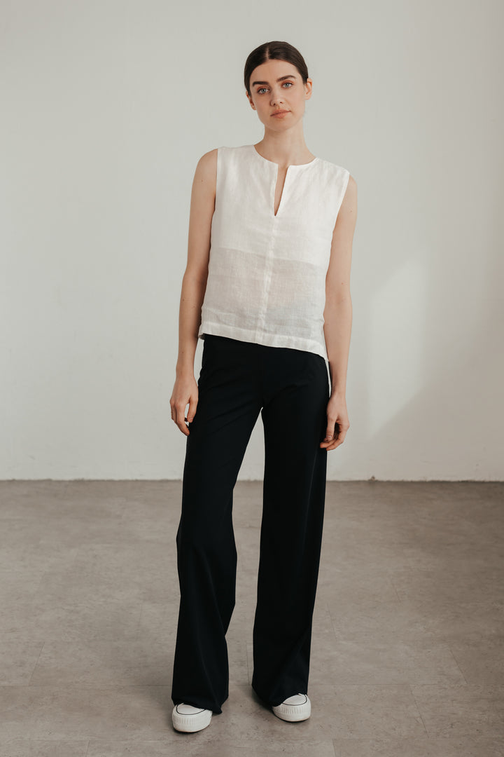 Cropped linen top with slit neckline