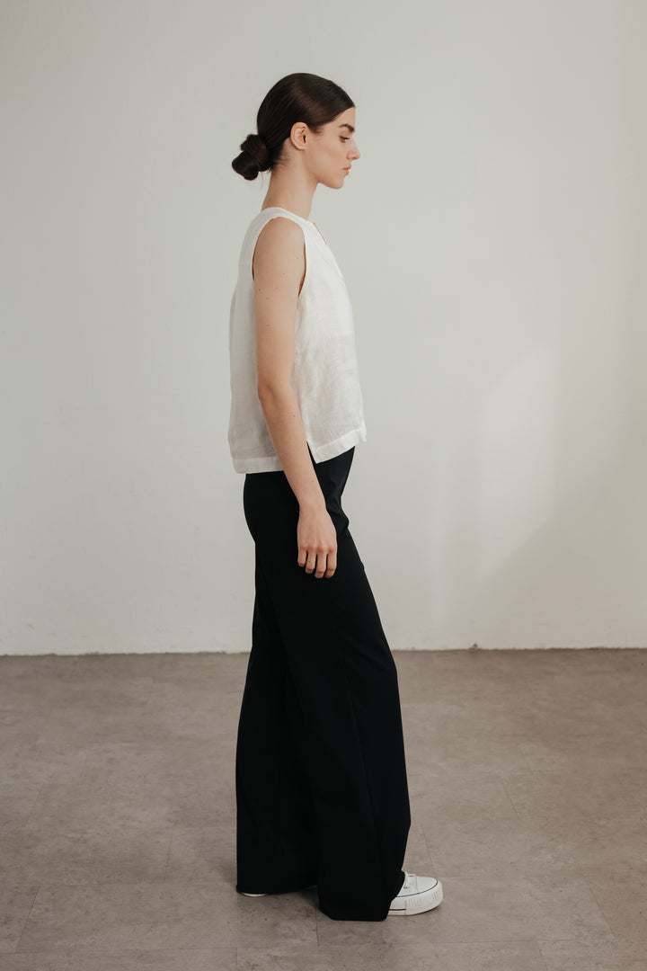 Cropped linen top with slit neckline