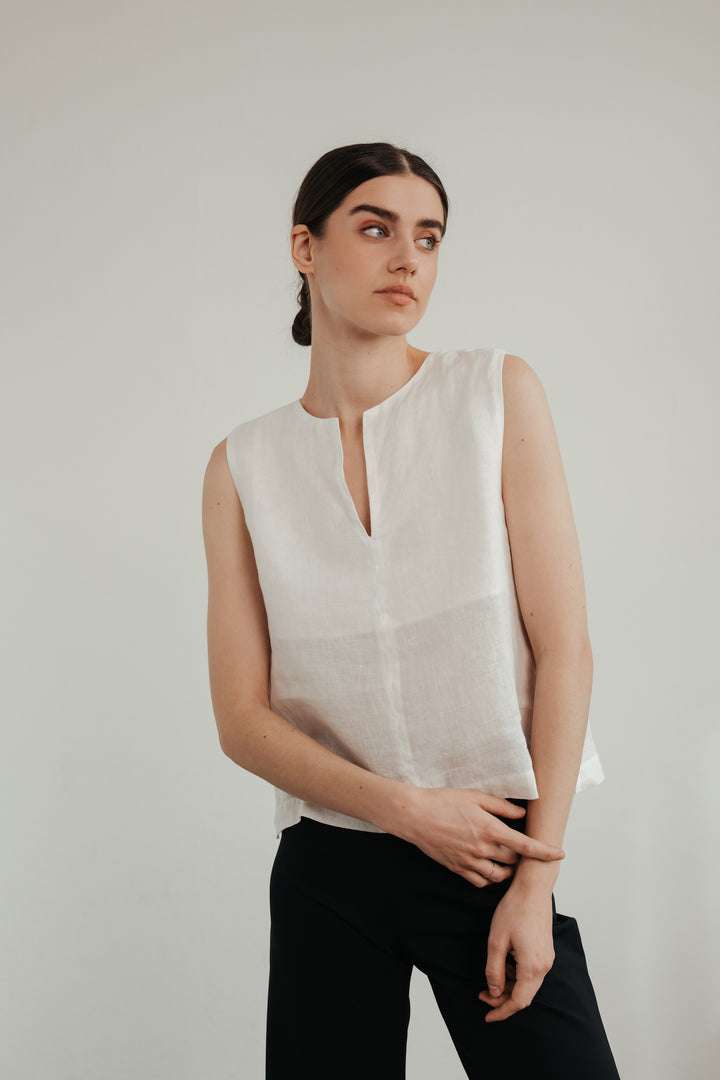 Cropped linen top with slit neckline