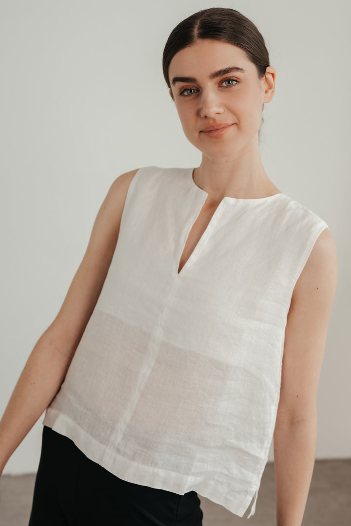 Cropped linen top with slit neckline