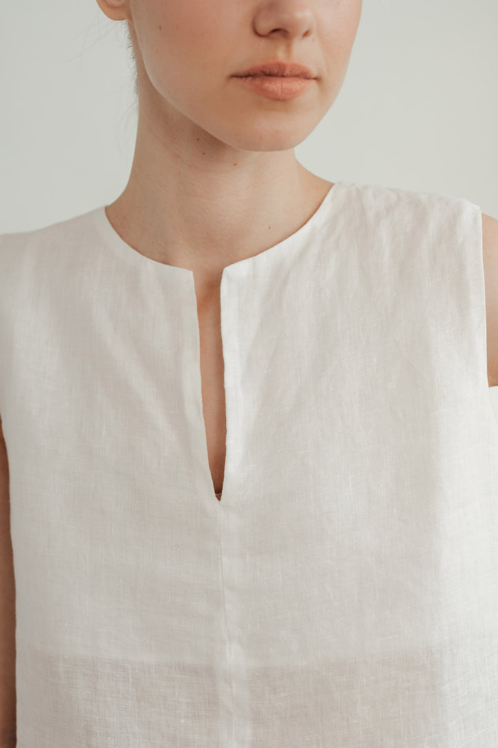 Cropped linen top with slit neckline